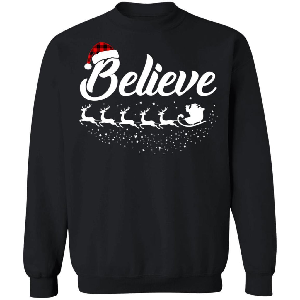 Believe Christmas Gifts Santa Hat Buffalo Plaid G180 Gildan Crewneck Pullover Sweatshirt 8 oz.