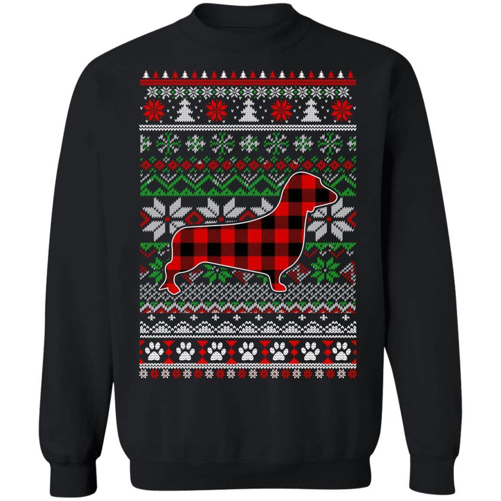 Dachshund Red Plaid Ugly Christmas Sweater Gifts G180 Gildan Crewneck Pullover Sweatshirt 8 oz.