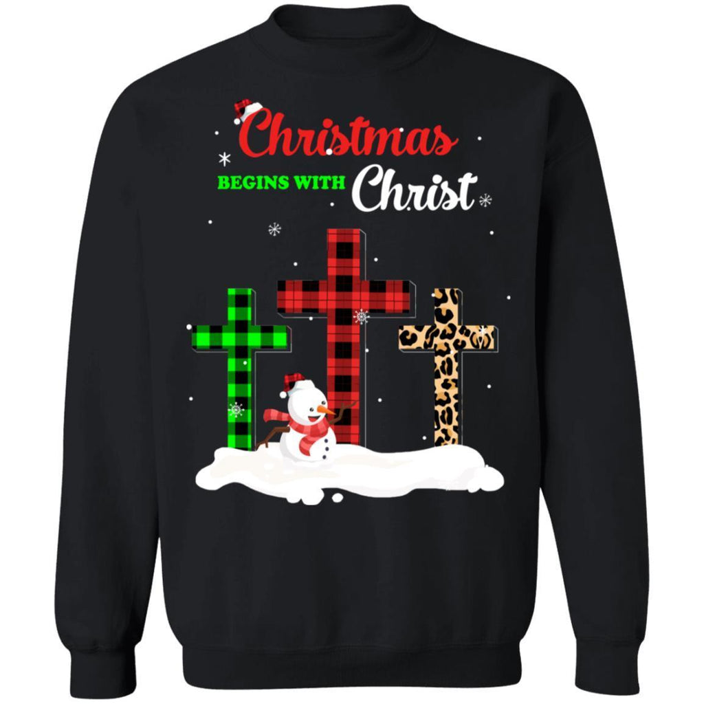 Christmas Begins With Christ Cross Buffalo Plaid Xmas Gift G180 Gildan Crewneck Pullover Sweatshirt 8 oz.
