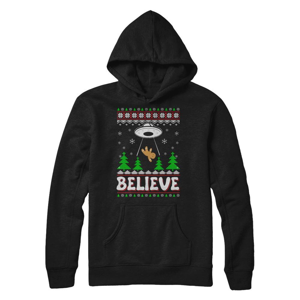 Believe UFO Gingerbread Ugly Christmas Sweater Gildan Pullover Hoodie