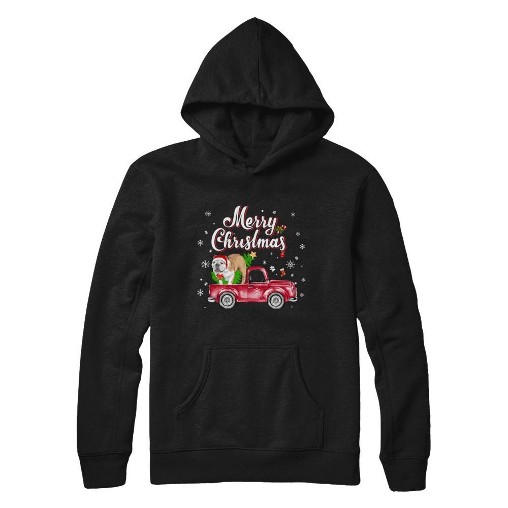 Bulldog Retriever Rides Red Truck Christmas Pajama Gildan Pullover Hoodie