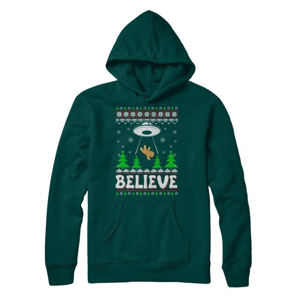 Believe UFO Gingerbread Ugly Christmas Sweater Gildan Pullover Hoodie