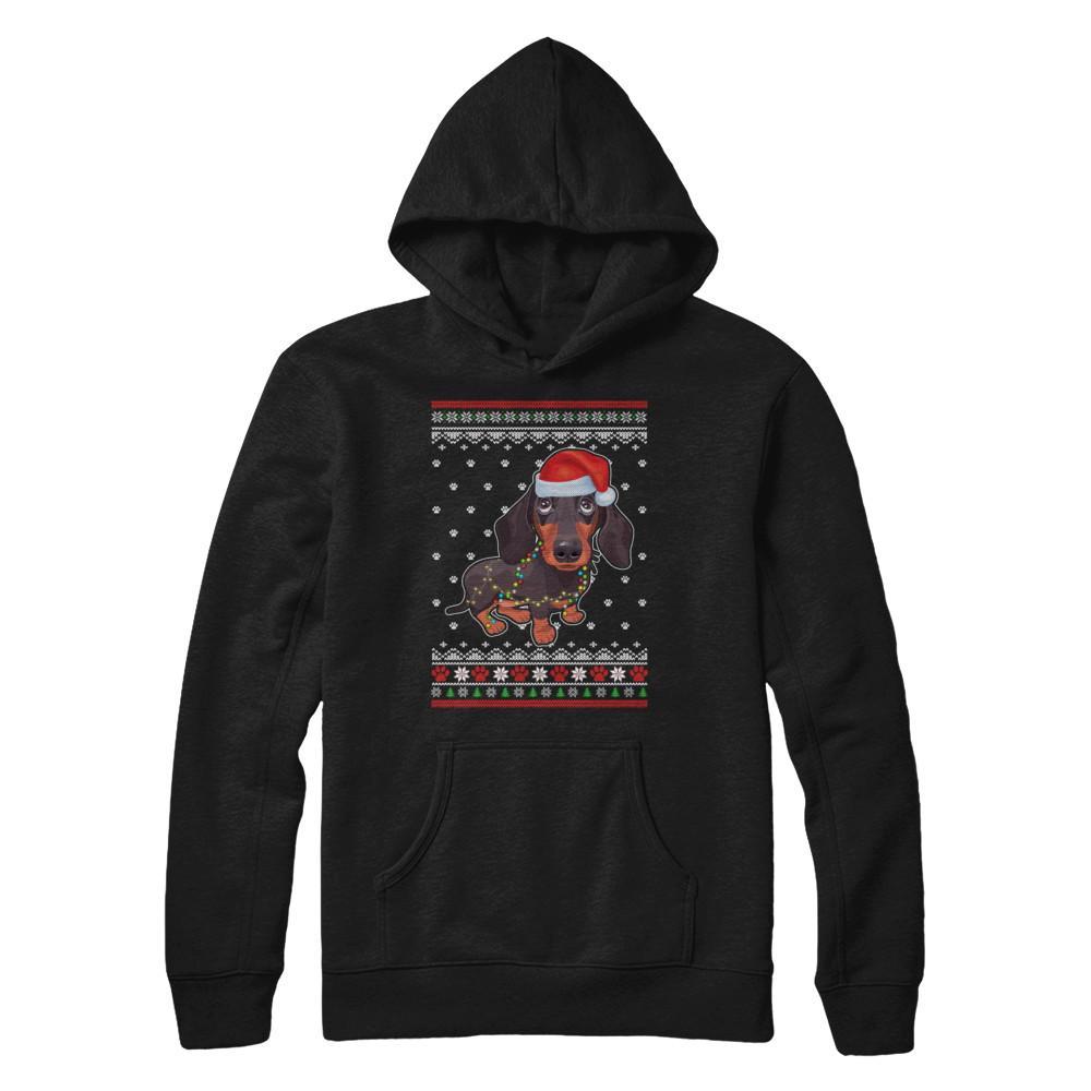 Dachshund Christmas Ugly Sweater Lights Dog Xmas Gift Gildan Pullover Hoodie