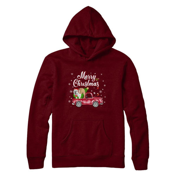 Bulldog Retriever Rides Red Truck Christmas Pajama Gildan Pullover Hoodie