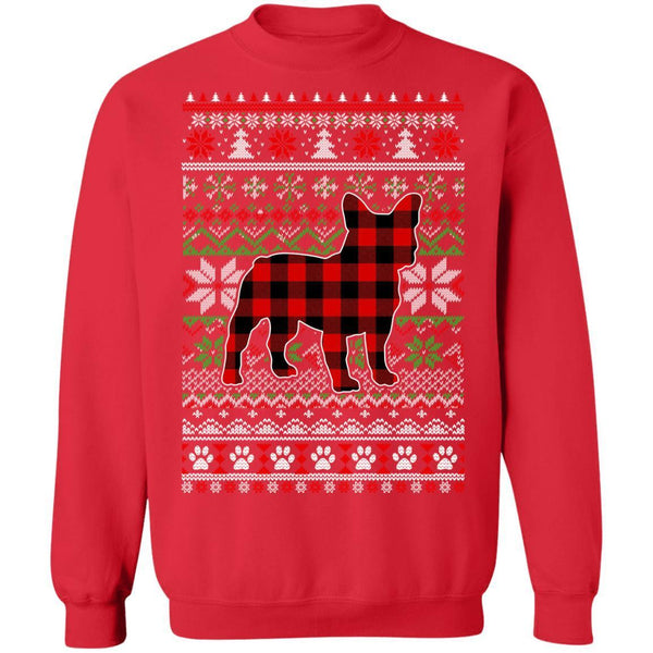 French Bulldog Red Plaid Ugly Christmas Sweater Gifts G180 Gildan Crewneck Pullover Sweatshirt  8 oz.