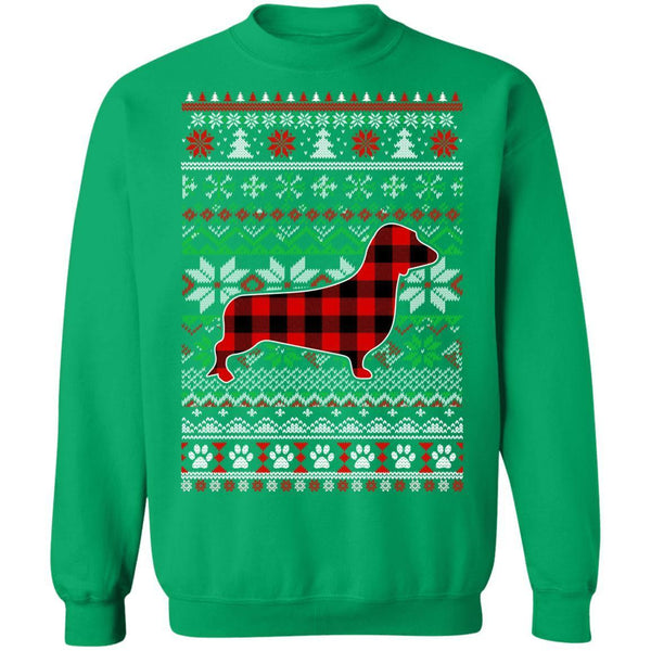 Dachshund Red Plaid Ugly Christmas Sweater Gifts G180 Gildan Crewneck Pullover Sweatshirt  8 oz.
