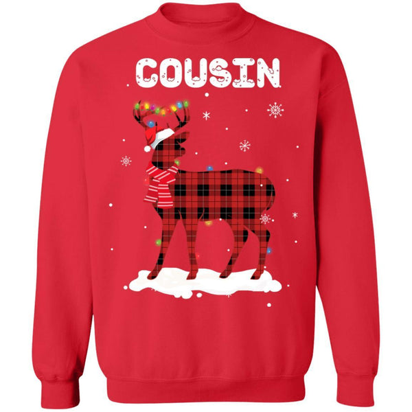 Cousin Deer Red Plaid Christmas Family Matching Pajamas G180 Gildan Crewneck Pullover Sweatshirt  8 oz.