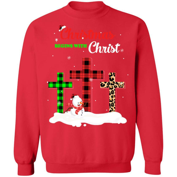 Christmas Begins With Christ Cross Buffalo Plaid Xmas Gift G180 Gildan Crewneck Pullover Sweatshirt  8 oz.