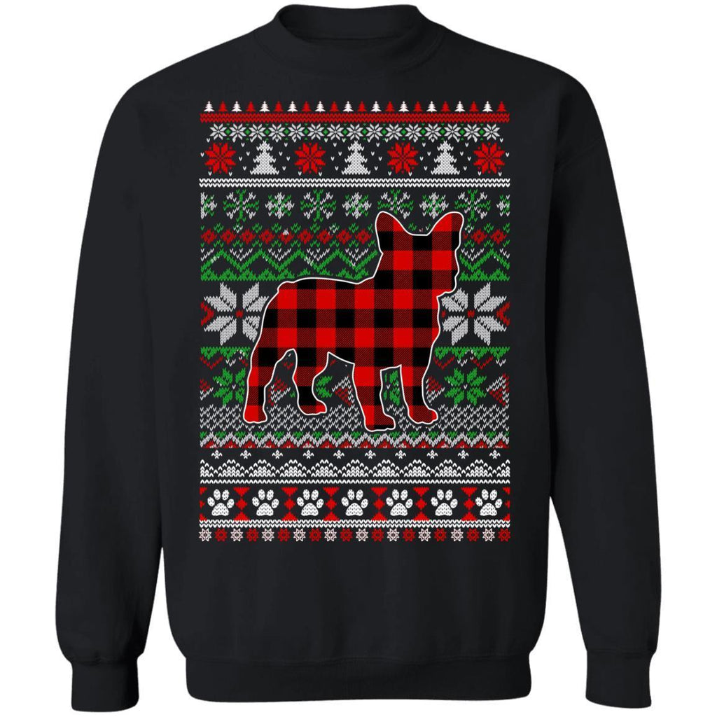 French Bulldog Red Plaid Ugly Christmas Sweater Gifts G180 Gildan Crewneck Pullover Sweatshirt  8 oz.