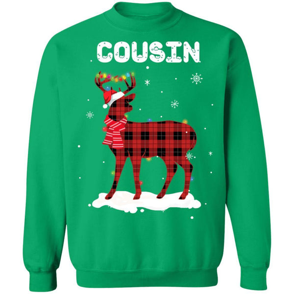 Cousin Deer Red Plaid Christmas Family Matching Pajamas G180 Gildan Crewneck Pullover Sweatshirt  8 oz.