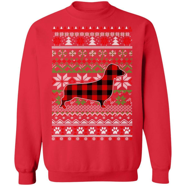 Dachshund Red Plaid Ugly Christmas Sweater Gifts G180 Gildan Crewneck Pullover Sweatshirt  8 oz.