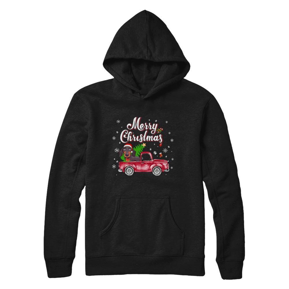 Dachshund Retriever Rides Red Truck Christmas Pajama Gildan Pullover Hoodie