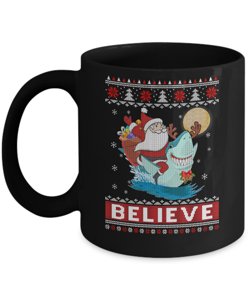 Believe In Santa Riding Shark Ugly Christmas Sweater Mug